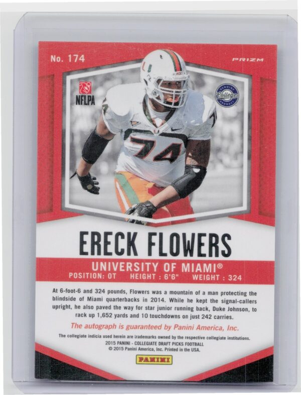 2015 Panini Prizm Collegiate Draft Picks Ereck Flowers AU SN199 #174 Hurricanes - Image 3