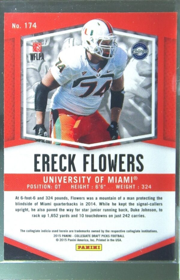 2015 Prizm Collegiate Draft Picks Ereck Flowers RC #174 Hurricanes - Image 3