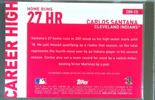 2015 Topps Carlos Santana JSY #CRH-CS Indians Career High Relics (Series One) - Image 3