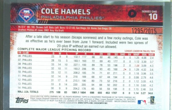 2015 Topps Cole Hamels Gold /2015 #10 Phillies - Image 3