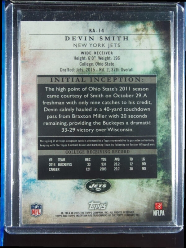 2015 Topps Inception Devin Smith AU #RA-14 Jets Rookie Autographs - Image 3