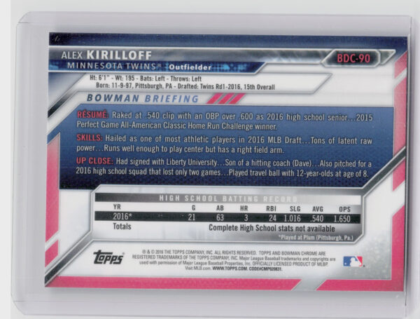 2016 Bowman Draft Alex Kirilloff Chrome #BDC-90 Twins - Image 3
