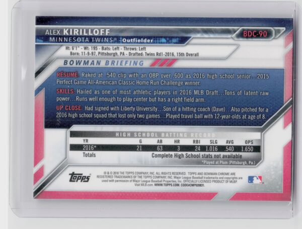 2016 Bowman Draft Alex Kirilloff Chrome #BDC-90 Twins - Image 3