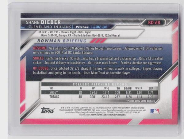 2016 Bowman Draft Shane Bieber #BD-68 Indians - Image 3