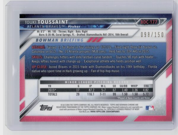2016 Bowman Draft Touki Toussaint Chrome Blue Refractor /150 #BDC-177 Braves - Image 3