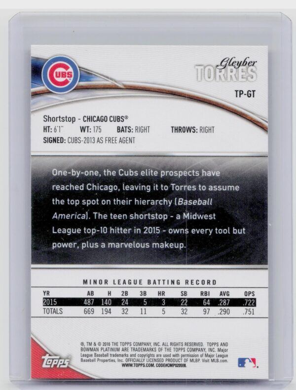 2016 Bowman Platinum Gleyber Torres #TP-GT Cubs Top Prospects - Image 3