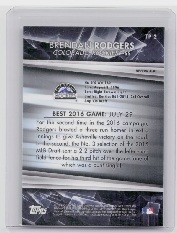2016 Bowman's Best Brendan Rodgers #TP-2 Rockies Top Prospects Refractor - Image 3
