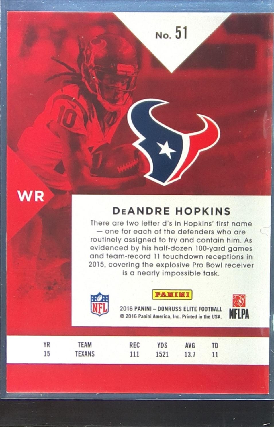 2016 Donruss Elite DeAndre Hopkins Black /199 #51 Texans - Image 3