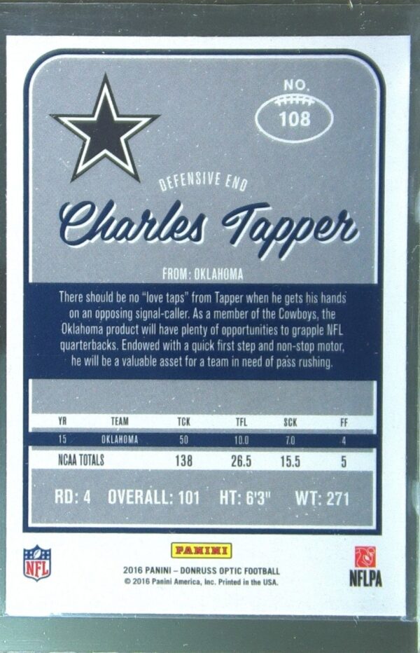 2016 Donruss Optic Charles Tapper Red and Yellow RC #108 Cowboys - Image 3