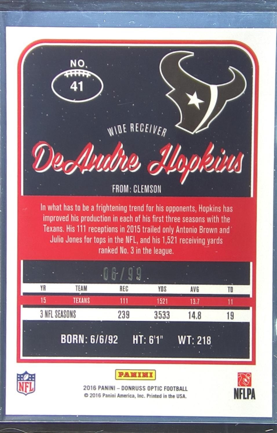 2016 Donruss Optic DeAndre Hopkins Red /99 #41 Texans - Image 3