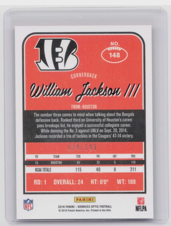 2016 Donruss Optic William Jackson III Blue SN149 #148 Bengals - Image 3