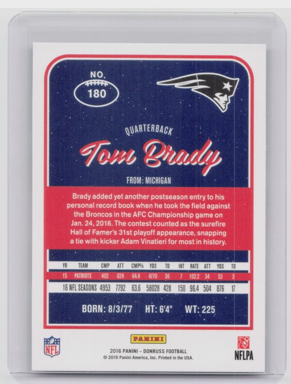 2016 Donruss Tom Brady #180 Patriots - Image 3