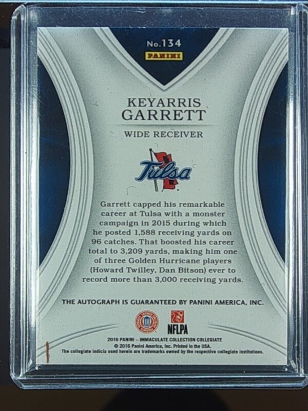 2016 Immaculate Collegiate Keyarris Garrett AUTO /99 #134 Hurricane - Image 3