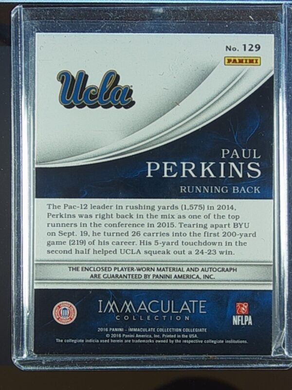 2016 Immaculate Collegiate Paul Perkins AUTO /99 JSY #129 Bruins Patch - Image 3