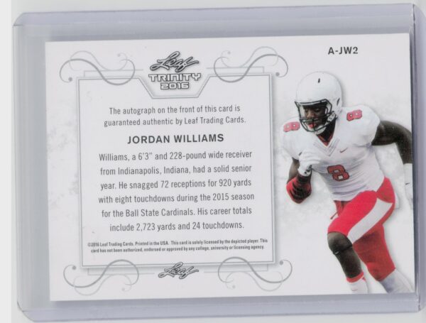 2016 Leaf Trinity Jordan Williams AU SN10 #A-JW2 Cardinals Signatures Blue Spect - Image 3
