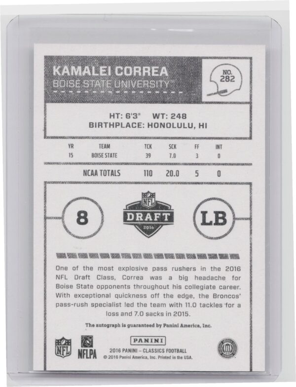 2016 Panini Classics Kamalei Correa AU SN299 #282 Broncos Significant Signatures - Image 3