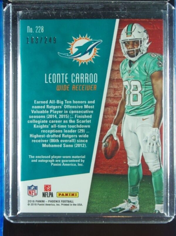 2016 Panini Phoenix Leonte Carroo AU SN249 RC MEM #228 Dolphins - Image 3
