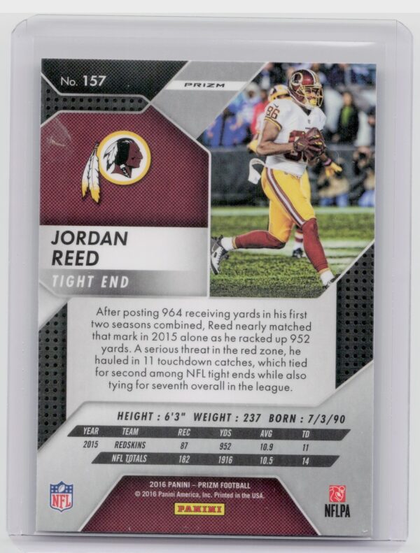 2016 Panini Prizm Jordan Reed Red White & Blue Disco #157 Redskins - Image 3