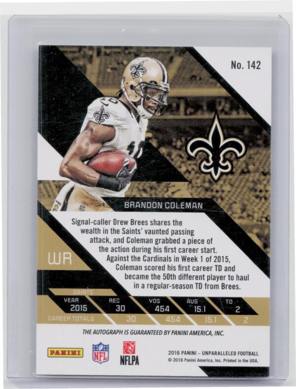 2016 Panini Unparalleled Brandon Coleman Auto /99 142 Saints - Image 3