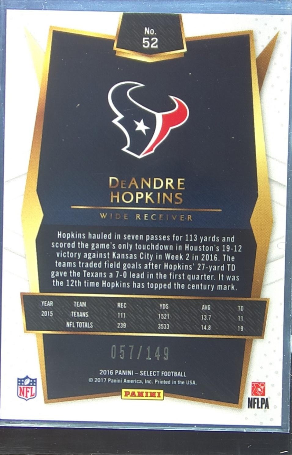 2016 Select DeAndre Hopkins Blue Prizm /149 #52 Texans - Image 3