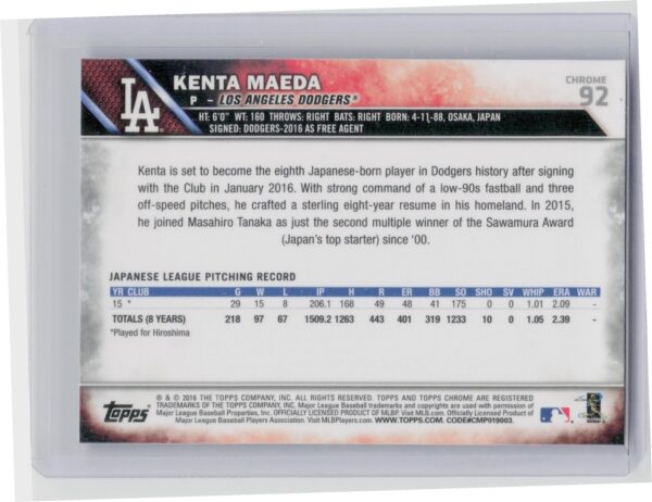 2016 Topps Chrome Kenta Maeda Prism Refractor #92 Dodgers - Image 3