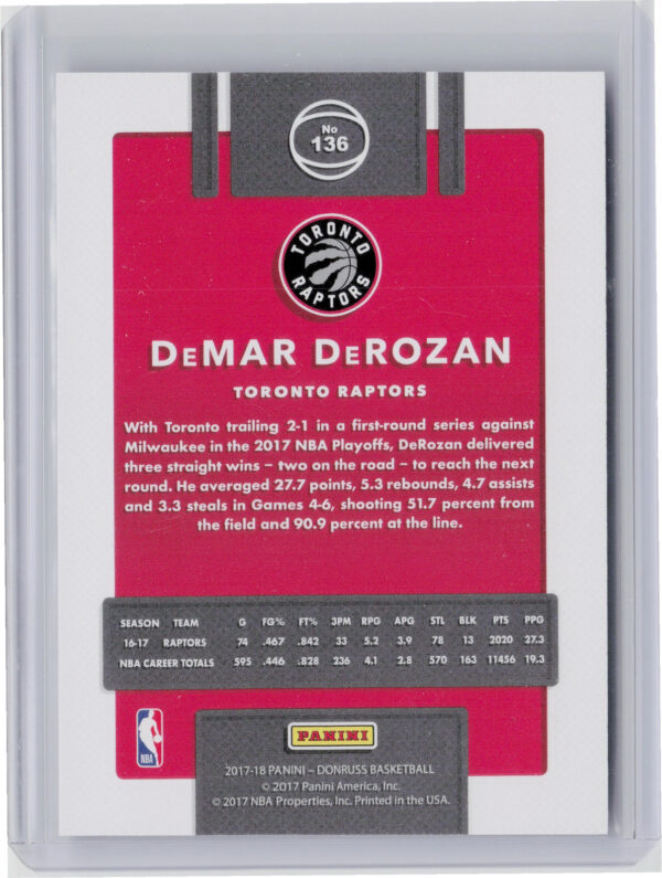 2017-18 Donruss DeMar DeRozan Press Proof Purple SN199 #136 Raptors - Image 3