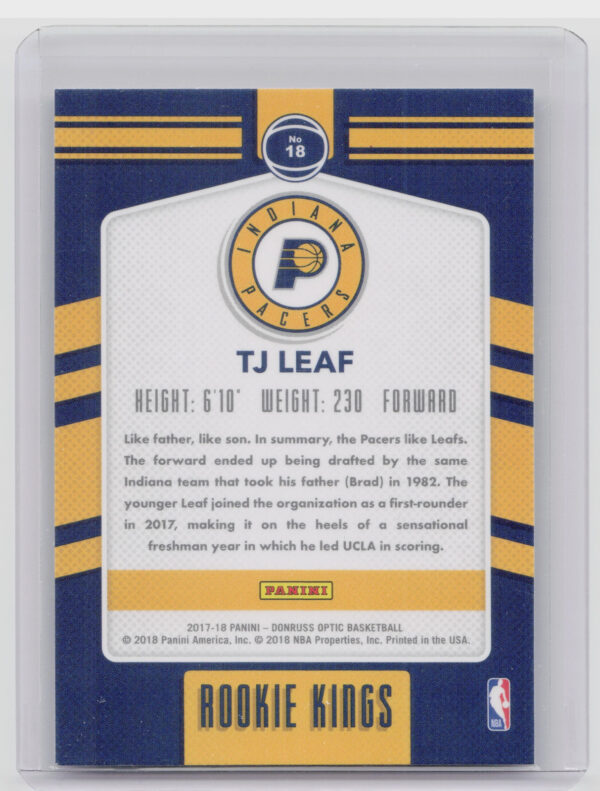 2017-18 Donruss Optic T.J. Leaf #18 Pacers Rookie Kings - Image 3