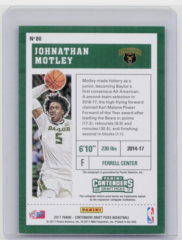 2017-18 Panini Contenders Draft Picks Johnathan Motley AU #80 Bears Season Draft - Image 3