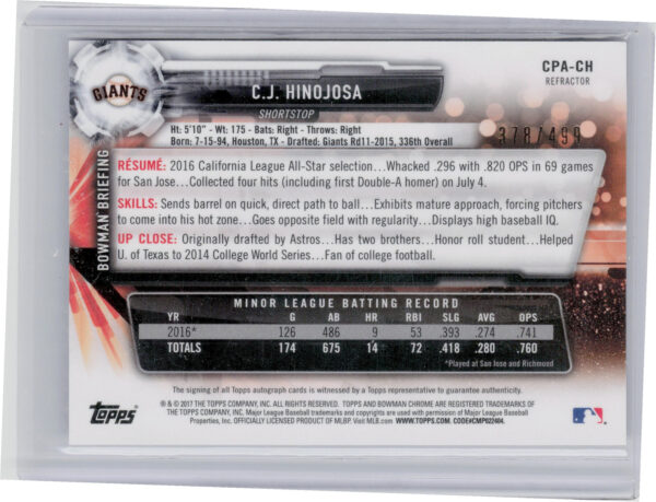2017 Bowman C.J. Hinojosa AU SN499 #CPA-CH Giants Chrome Prospect Autographs Ref - Image 3