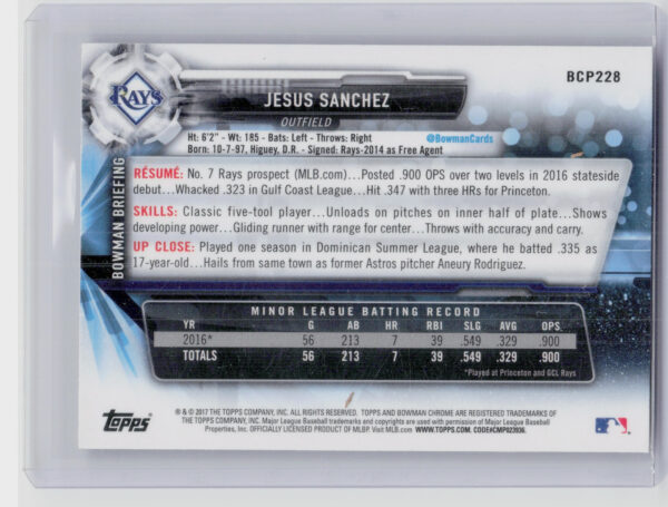 2017 Bowman Chrome Jesus Sanchez #BCP228 Rays Prospects - Image 3