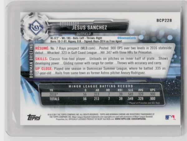2017 Bowman Chrome Jesus Sanchez #BCP228 Rays Prospects - Image 3