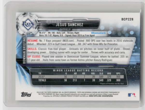 2017 Bowman Chrome Jesus Sanchez #BCP228 Rays Prospects - Image 3