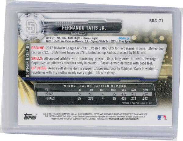 2017 Bowman Draft Fernando Tatis Jr. Chrome #BDC-71 Padres - Image 3