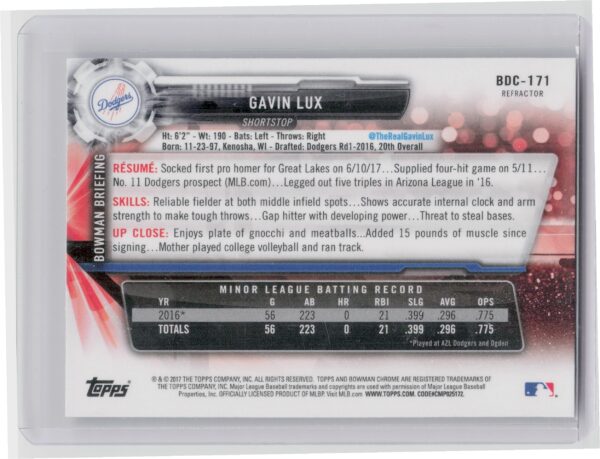 2017 Bowman Draft Gavin Lux Chrome Refractor #BDC-171 Dodgers - Image 3