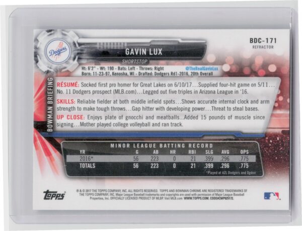 2017 Bowman Draft Gavin Lux Chrome Refractor #BDC-171 Dodgers - Image 3
