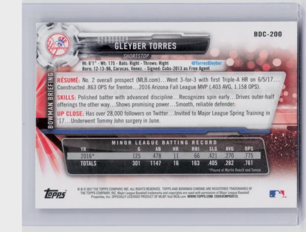 2017 Bowman Draft Gleyber Torres Chrome #BDC-200 Yankees - Image 3