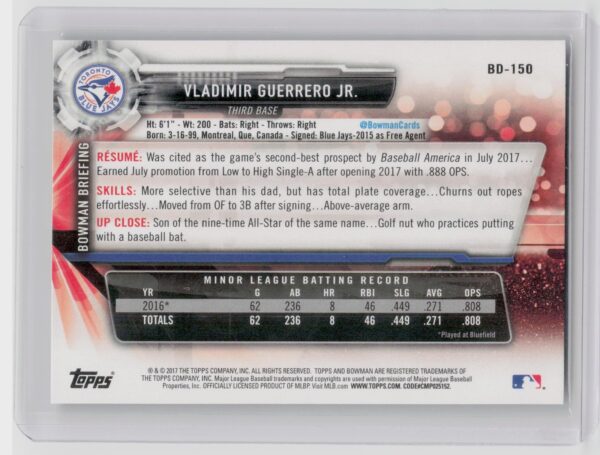 2017 Bowman Draft Vladimir Guerrero Jr. #BD-150 Jays - Image 3