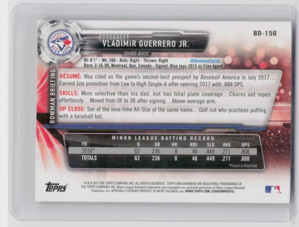 2017 Bowman Draft Vladimir Guerrero Jr. #BD-150 Jays - Image 3