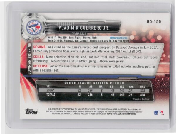 2017 Bowman Draft Vladimir Guerrero Jr. #BD-150 Jays - Image 3