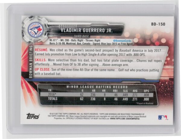 2017 Bowman Draft Vladimir Guerrero Jr. #BD-150 Jays - Image 3