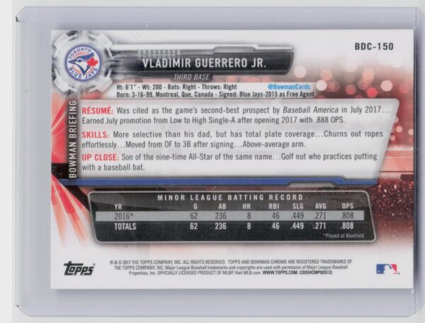 2017 Bowman Draft Vladimir Guerrero Jr. Chrome #BDC-150 Jays - Image 3