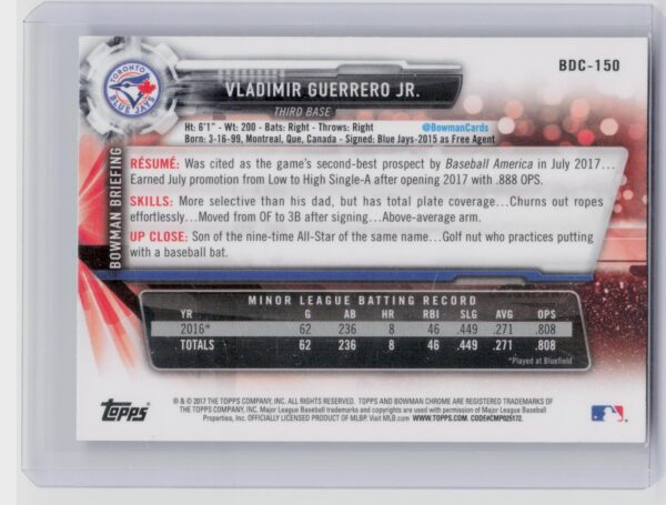2017 Bowman Draft Vladimir Guerrero Jr. Chrome #BDC-150 Jays - Image 3