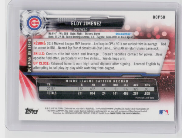2017 Bowman Eloy Jimenez #BCP50 Cubs Chrome Prospects - Image 3