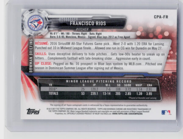 2017 Bowman Francisco Rios AU #CPA-FR Jays Chrome Prospect Autographs - Image 3