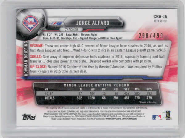 2017 Bowman Jorge Alfaro AU SN499 #CRA-JA Phillies Chrome Rookie Autographs Refr - Image 3