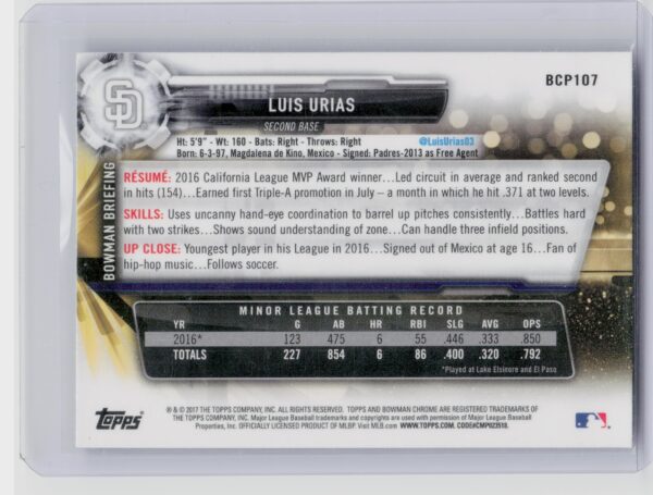 2017 Bowman Luis Urias #BCP107 Padres Chrome Prospects Mojo - Image 3