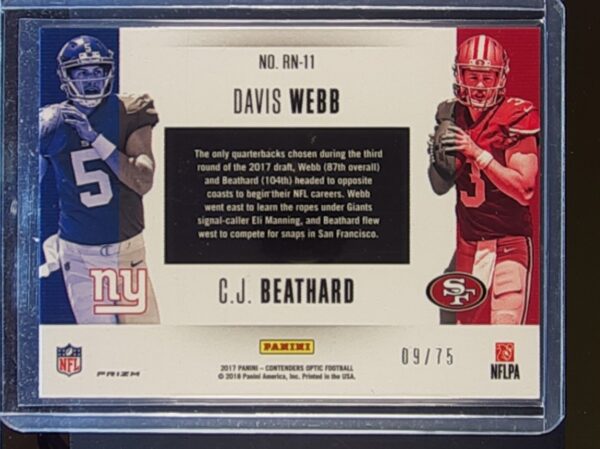 2017 Contenders Optic C.J. Beathard / Davis Webb /75 #RN-11 Giants Round Numbers - Image 3