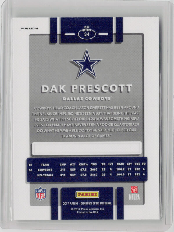 2017 Donruss Optic Dak Prescott Holo #34 Cowboys - Image 3