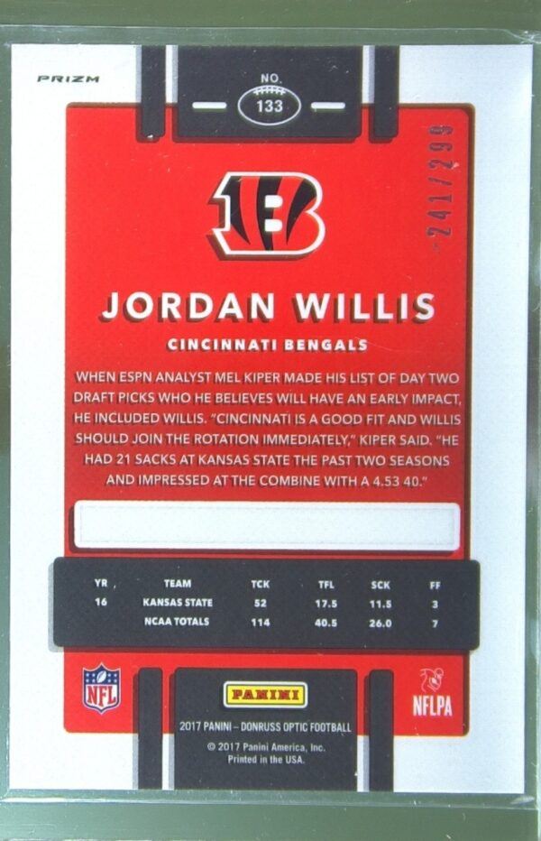 2017 Donruss Optic Jordan Willis Aqua /299 #133 Bengals - Image 3