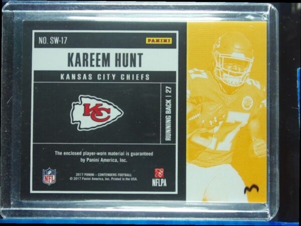 2017 Panini Contenders Kareem Hunt MEM VAR #SW-17 Chiefs Rookie Ticket Swatches - Image 3